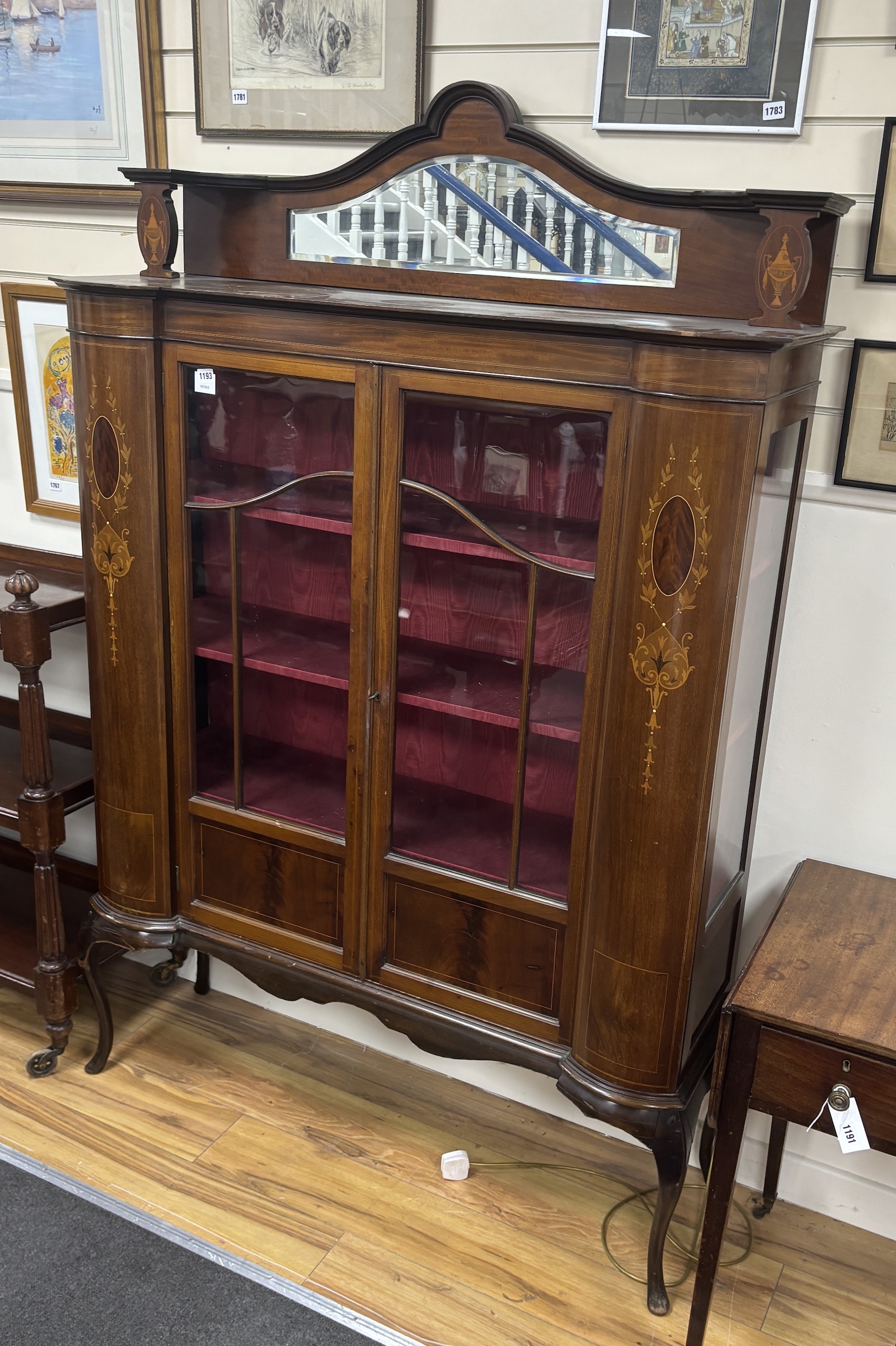 An Edwardian inlaid mahogany display cabinet, width 122cm, depth 38cm, height 186cm